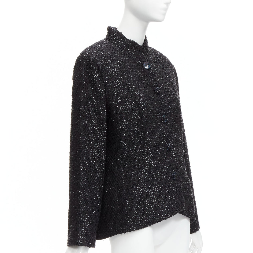CHANEL 2019 Fantasy Tweed black lurex CC logo button power jacket FR46 XXL