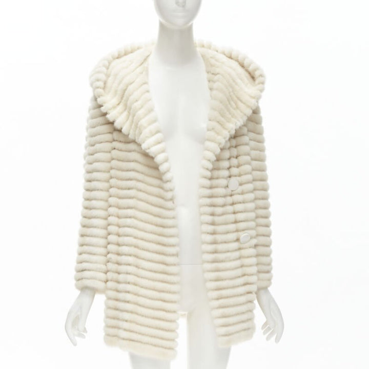 MARCO VANOLI cream tulle fur stripes buttoned asymmetric hooded jacket IT40 S