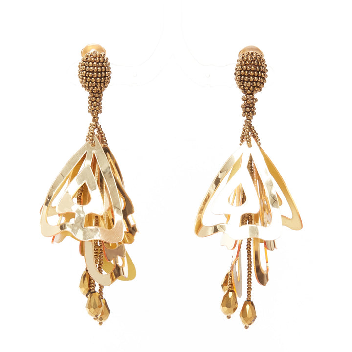 OSCAR DE LA RENTA gold acrylic petals beads floral statement clip earrings Pair