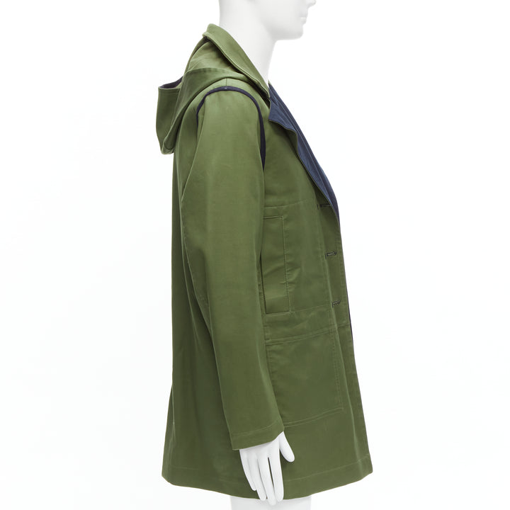 VALENTINO Reversible green navy cotton poplin oversized collar mid coat EU48 M