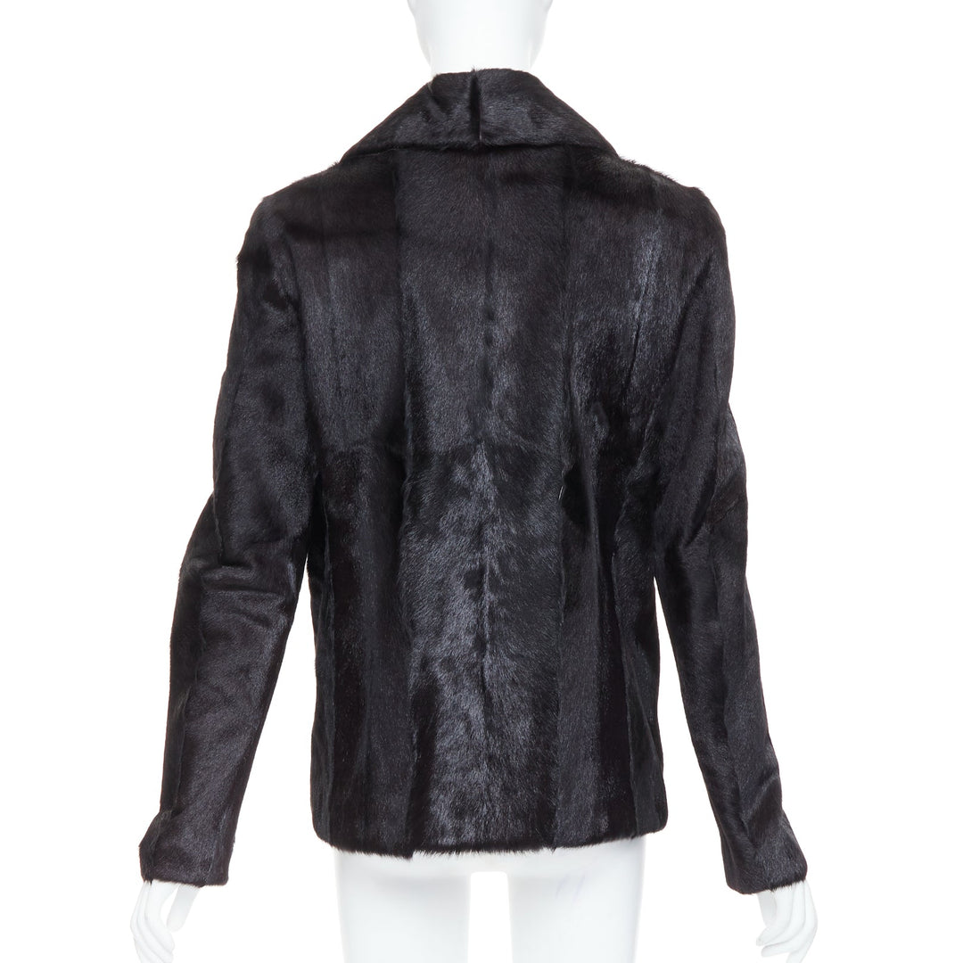 SAINT LAURENT 2017 black goat fur double breasted coat jacket FR44 2XL