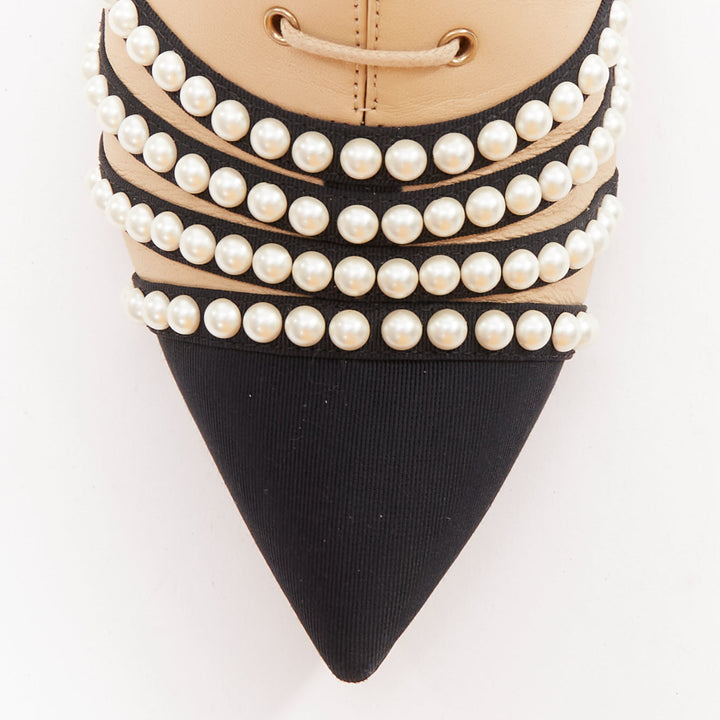 CHANEL nude black goatskin grosgrain pearl cap toe lace up oxfords EU38