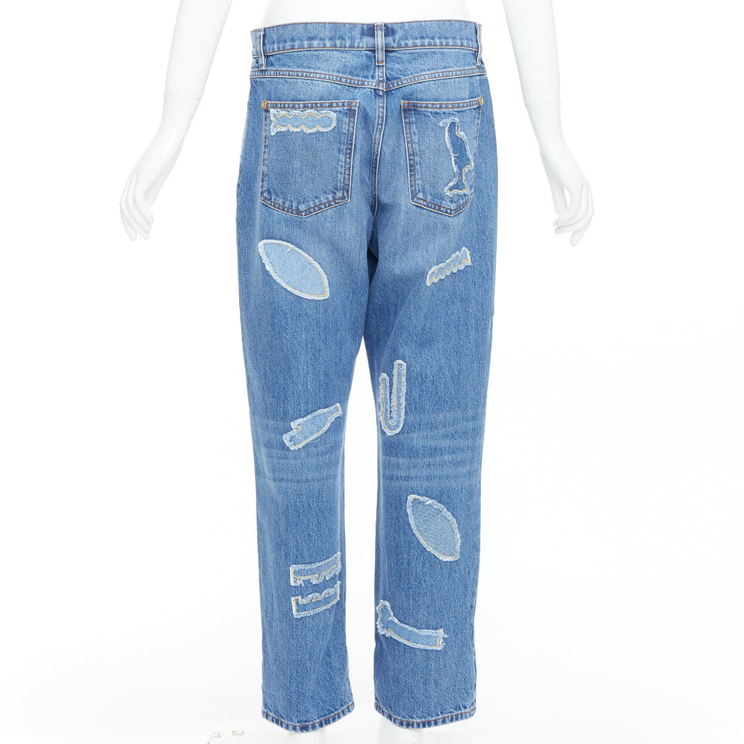 CHANEL 19A blue cotton hieroglyphics patch straight leg jeans FR40 L