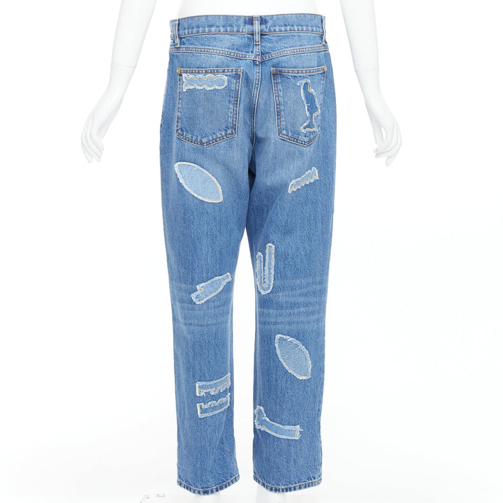 CHANEL 19A blue cotton hieroglyphics patch straight leg jeans FR40 L
