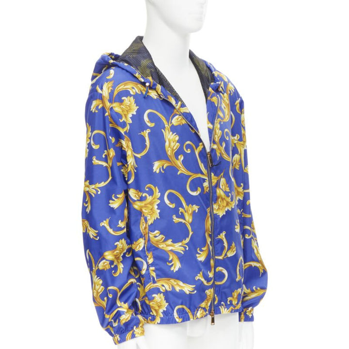 VERSACE blue gold Barocco Istante print nylon windbreaker jacket IT52 XL