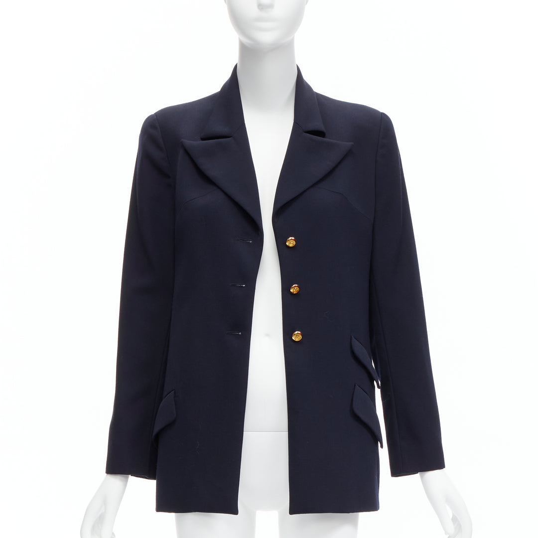 CHANEL navy gold CC buttons flap pockets military blazer jacket FR38 M