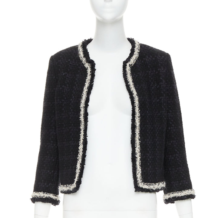 SAINT LAURENT 2021 navy wool silk tweed silver chain braided trim jacket FR38 M