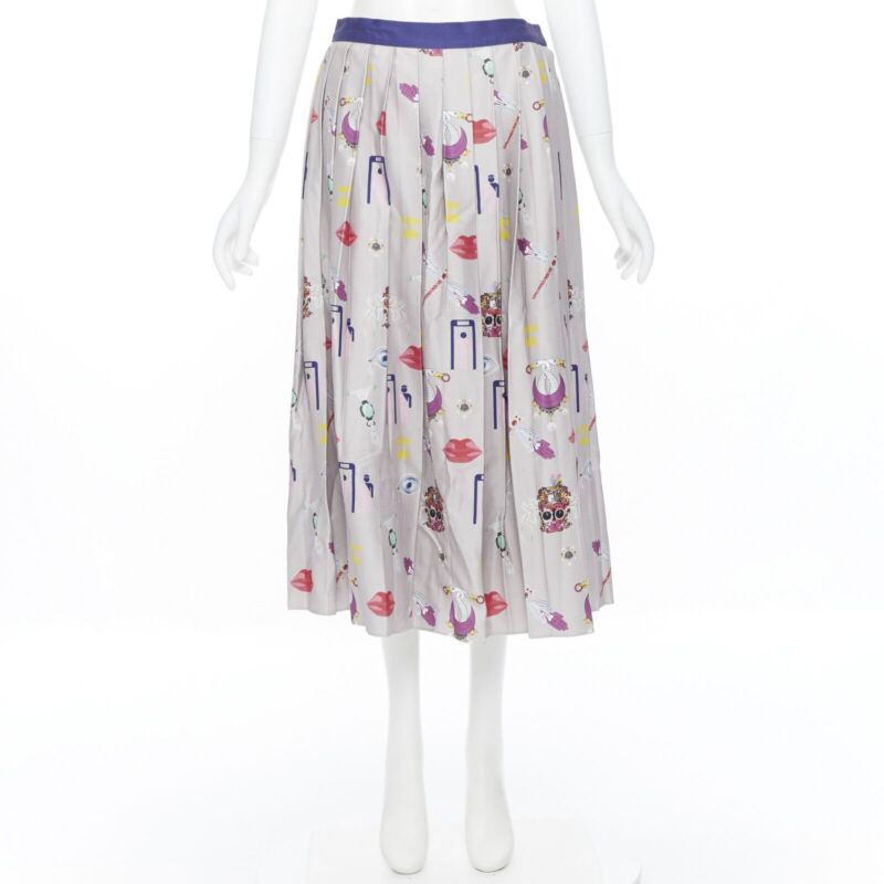 MARY KATRANTZOU grey mixed illustration print pleated midi flared skirt UK10 27"