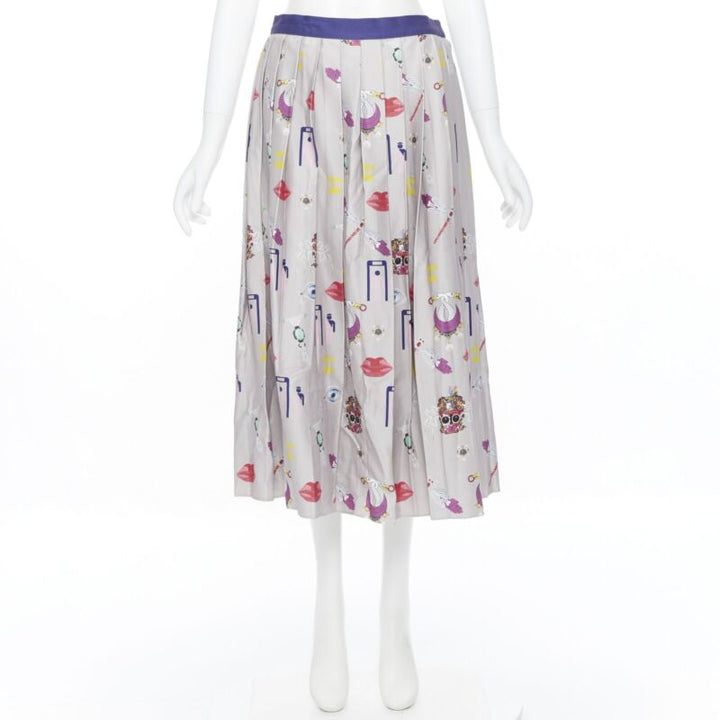 MARY KATRANTZOU grey mixed illustration print pleated midi flared skirt UK10 27"