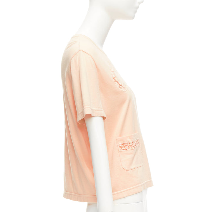 CHANEL 2020 peach pink macrame hollow logo cropped pocketed tshirt FR38 M