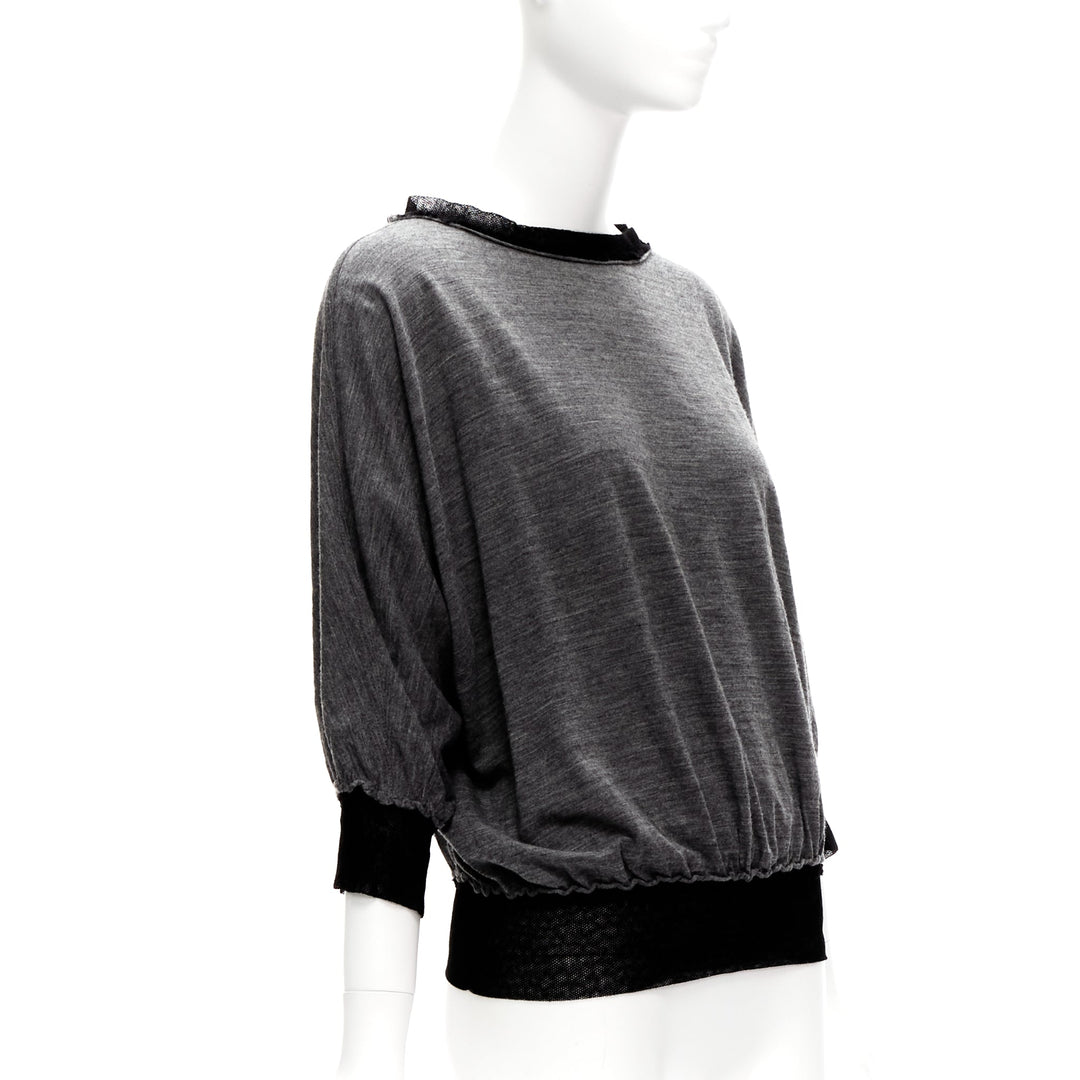 LANVIN 2005 grey wool cashmere mesh trim bateau batwing sweater FR38 M