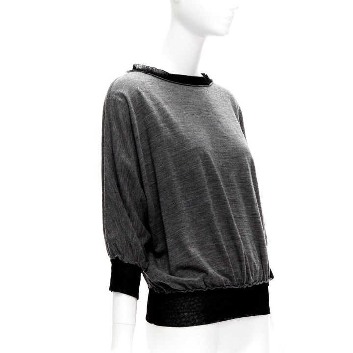 LANVIN 2005 grey wool cashmere mesh trim bateau batwing sweater FR38 M