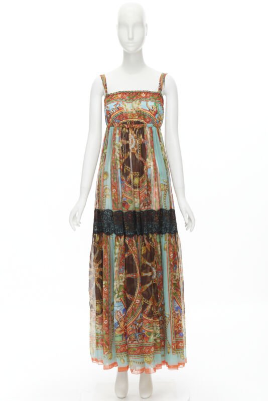 DOLCE GABBANA 2013 Carretto print silk black lace insert maxi dress IT36 XS