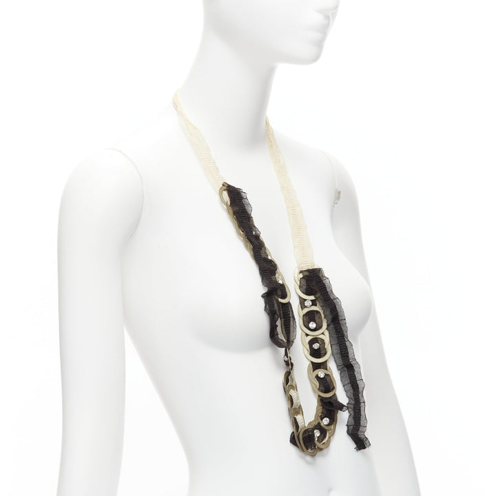 CHAMOREL black nude mesh ribbon antique gold circle coin crystal long necklace