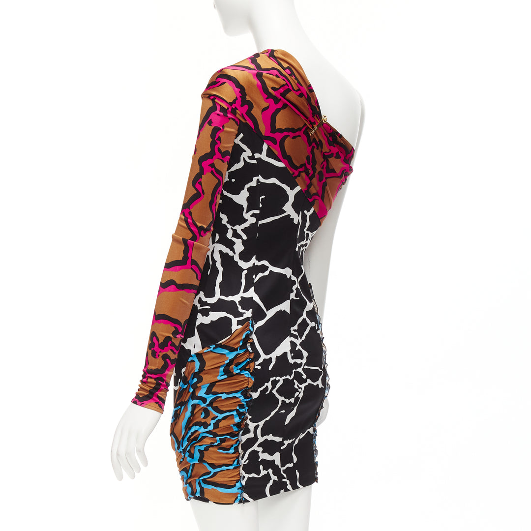 VERSACE Runway mixed giraffe print gold logo clip body con wiggle dress IT36 XXS