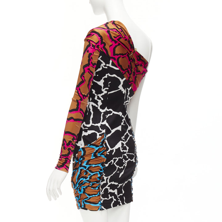 VERSACE Runway mixed giraffe print gold logo clip body con wiggle dress IT36 XXS