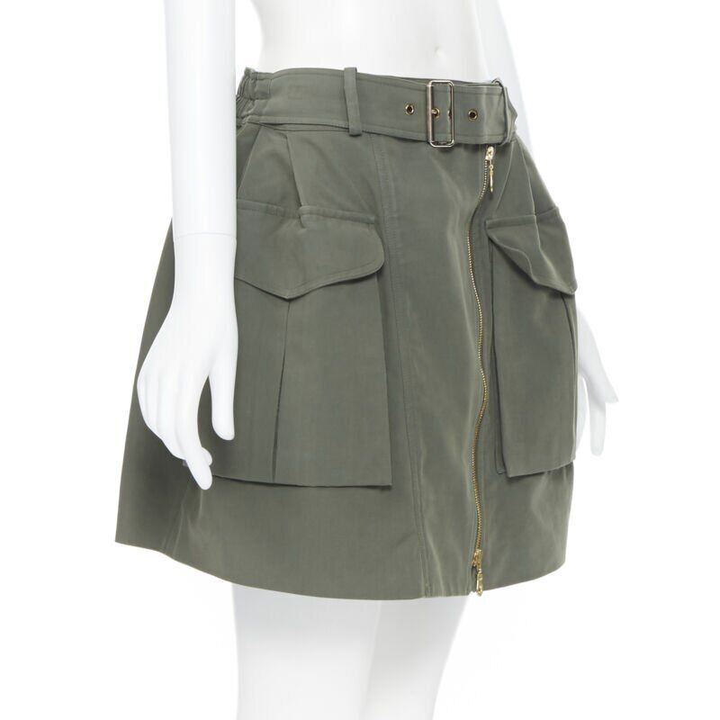 KENZO military khaki green cotton dual pockets belted elasticated skirt Fr38
