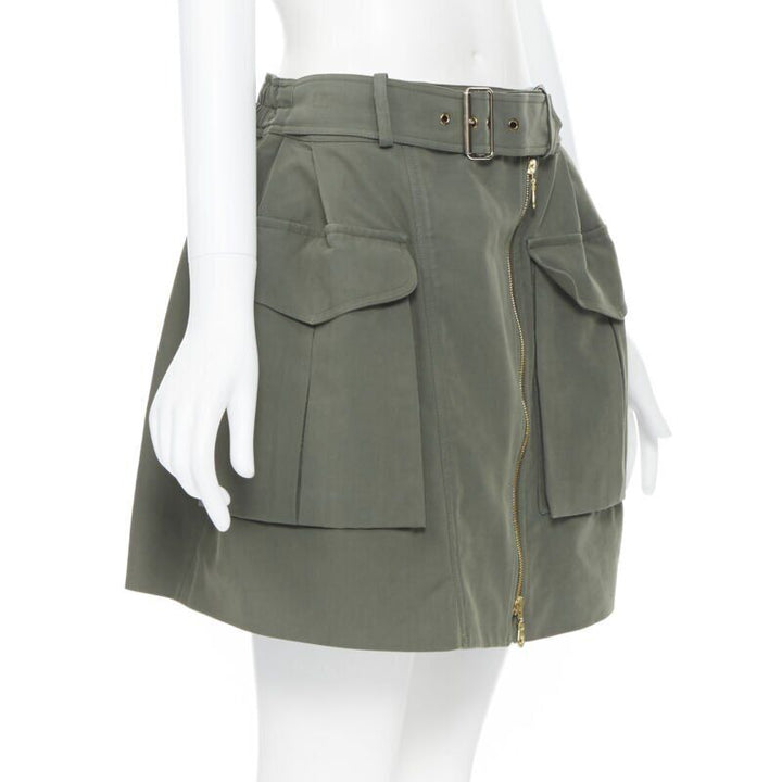 KENZO military khaki green cotton dual pockets belted elasticated skirt Fr38