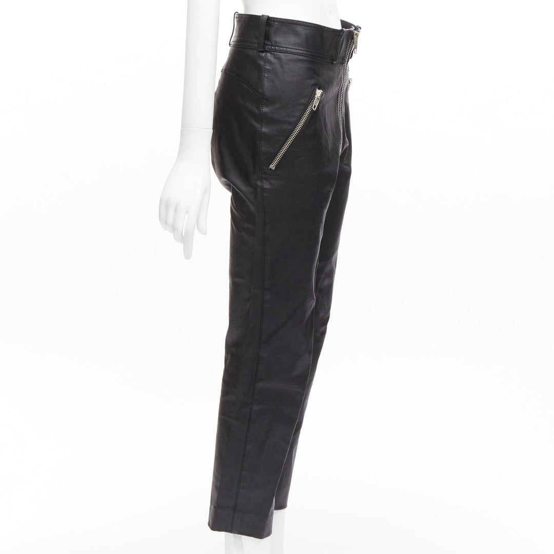 BALENCIAGA Demna 2017 logo patch silver zip cropped moto leather pants FR40 L