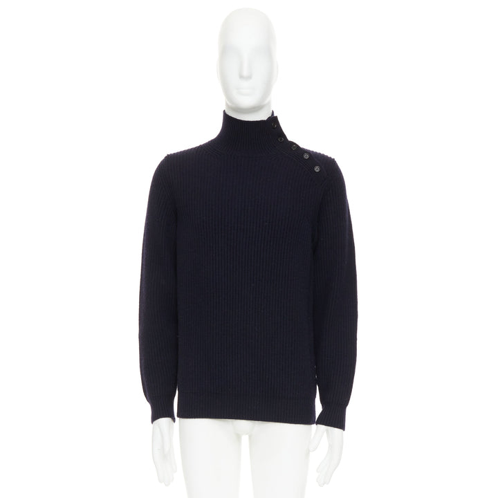 BRIONI 100% cashmere navy leather trim side button sweater IT48 M
