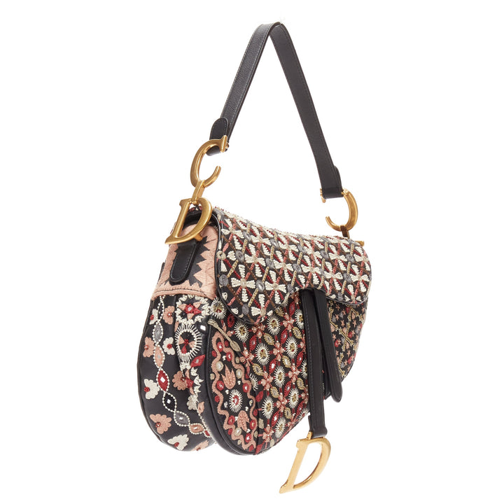CHRISTIAN DIOR Saddle Limited Edition black colourful ethnic beads shoulder bag