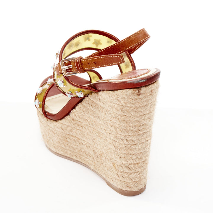 DIOR Raf Simons yellow PVC strap floral brown strap  jute wedges EU35.5