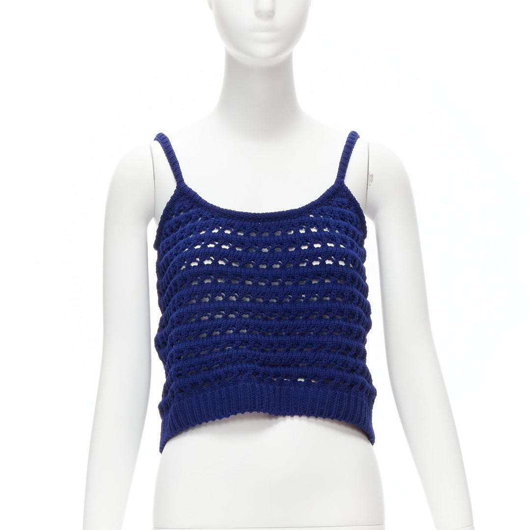 PRADA 2018 blue brown black logo crochet knit cropped tank top IT36 XXS