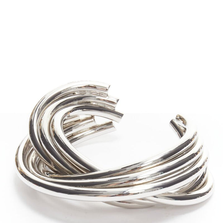 SAINT LAURENT Hedi Slimane silver metal architectural layered twist cuff bangle