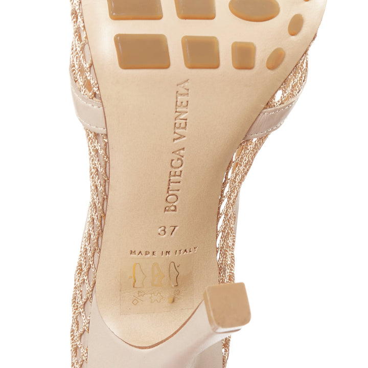 BOTTEGA VENETA Stretch nude leather fishnet square toe chain heels EU37