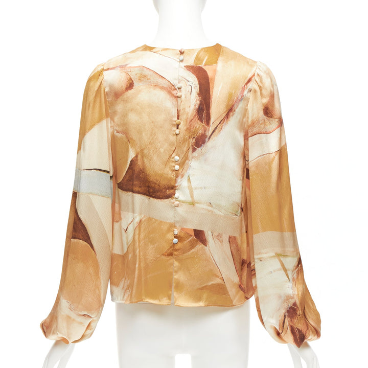 AJE 2018 100% silk beige blue abstract brush print puff sleeve top UK6 XS