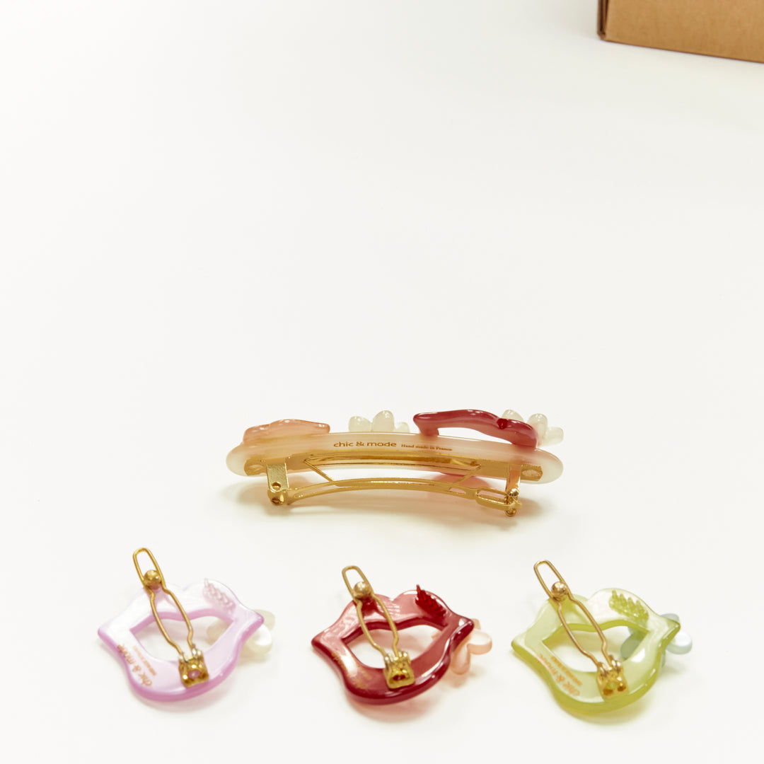 CHIC & MODE Alexandre Zouari colourful crystal singing lips flowers clips X4
