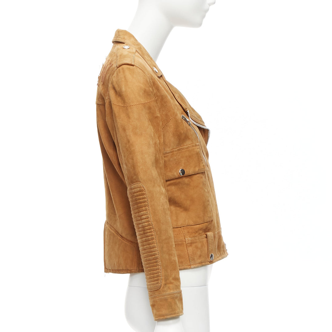 GOLDEN GOOSE tobacco brown distressed suede silver stud logo biker jacket