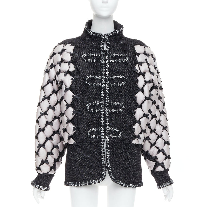 rare CHANEL 15A Runway black tweed white quilted tromp loeil ribbon  jacket FR50