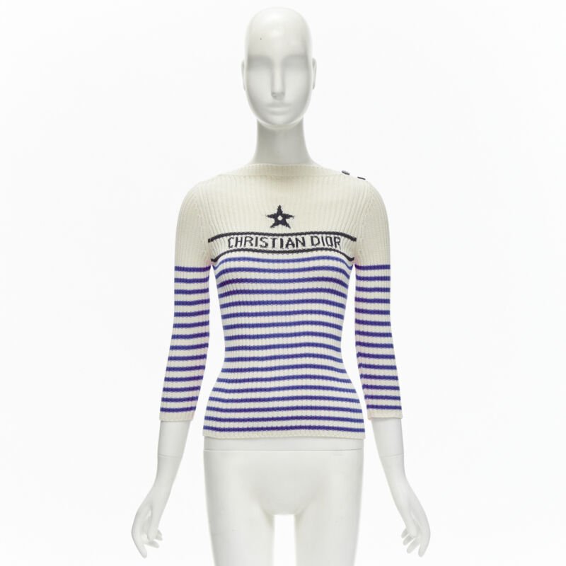 CHRISTIAN DIOR 2022 Mariniere blue nautical sailor stripe logo ribbed top FR34