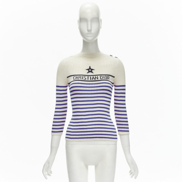 CHRISTIAN DIOR 2022 Mariniere blue nautical sailor stripe logo ribbed top FR34