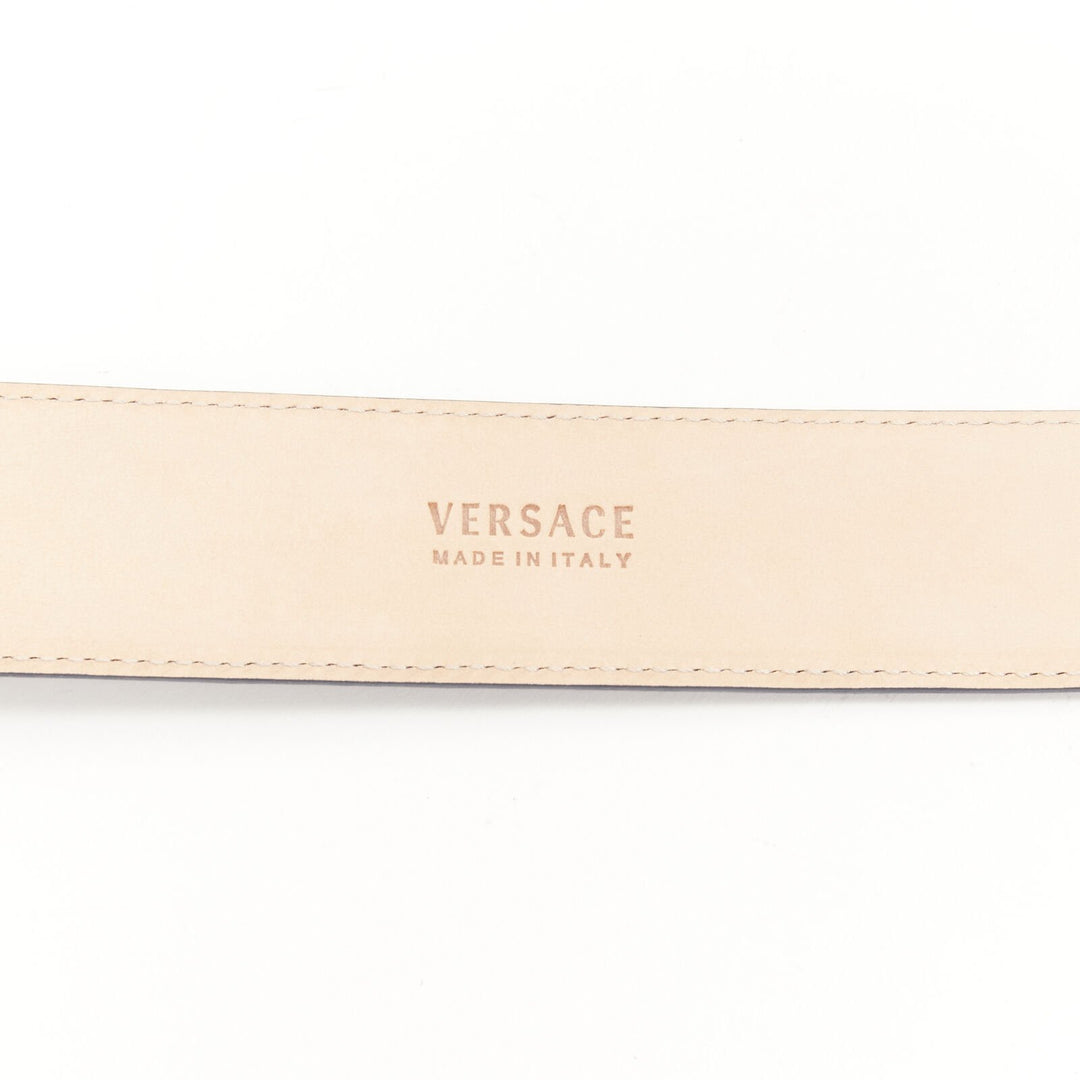 VERSACE $1200 La Medusa silver buckle blue scaled leather belt 110cm 42-46"