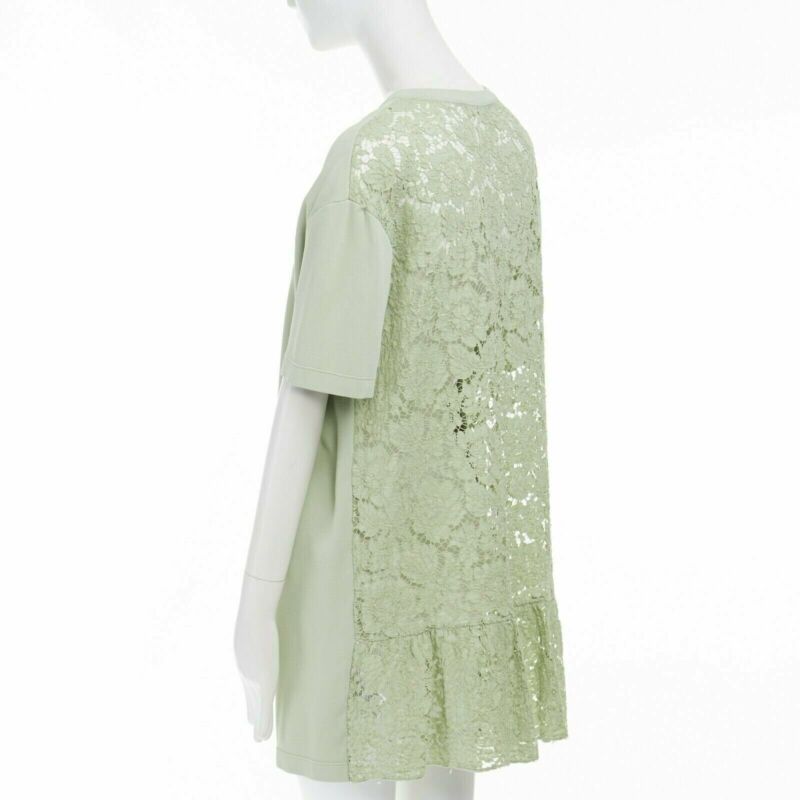 VALENTINO pastel green cotton crepe floral lace pleated back mini dress L