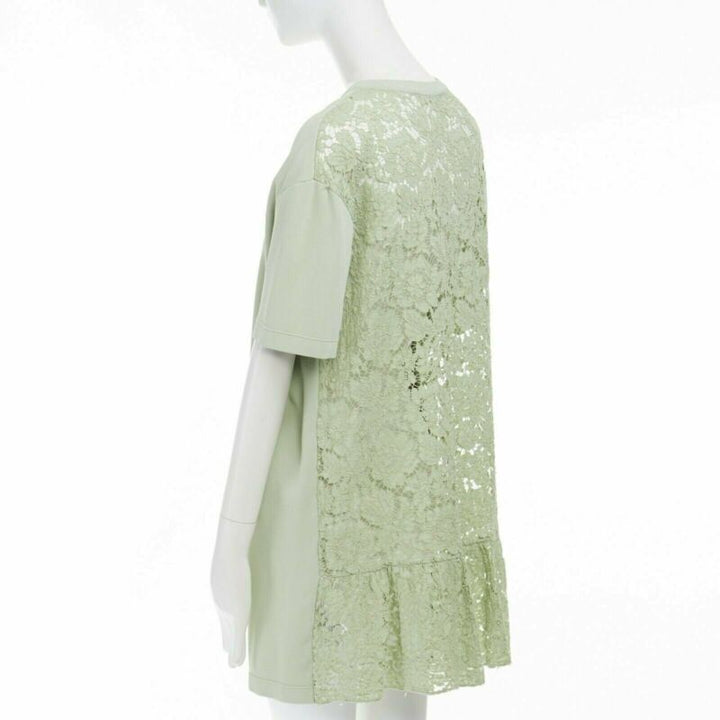 VALENTINO pastel green cotton crepe floral lace pleated back mini dress L