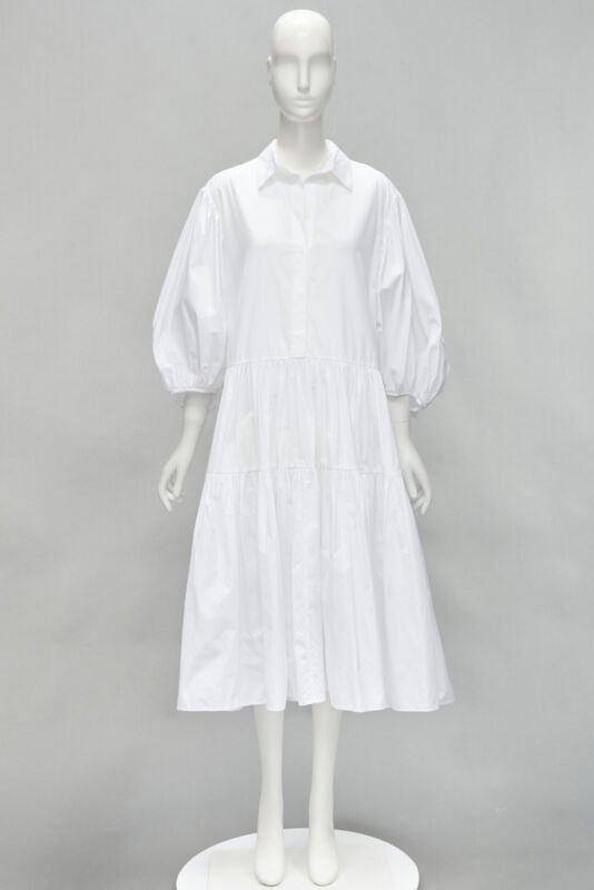 CECILIE BAHNSEN Amy white cotton poplin tiered shirred flared moumou dress UK6 S