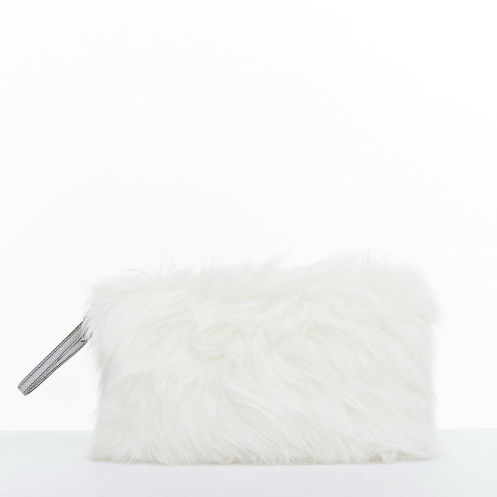 PRADA white faux fur silver triangle logo wristlet clutch bag