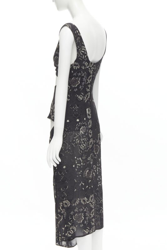 YOHJI YAMAMOTO black pixelated floral paisley cut out draped front midi dress S