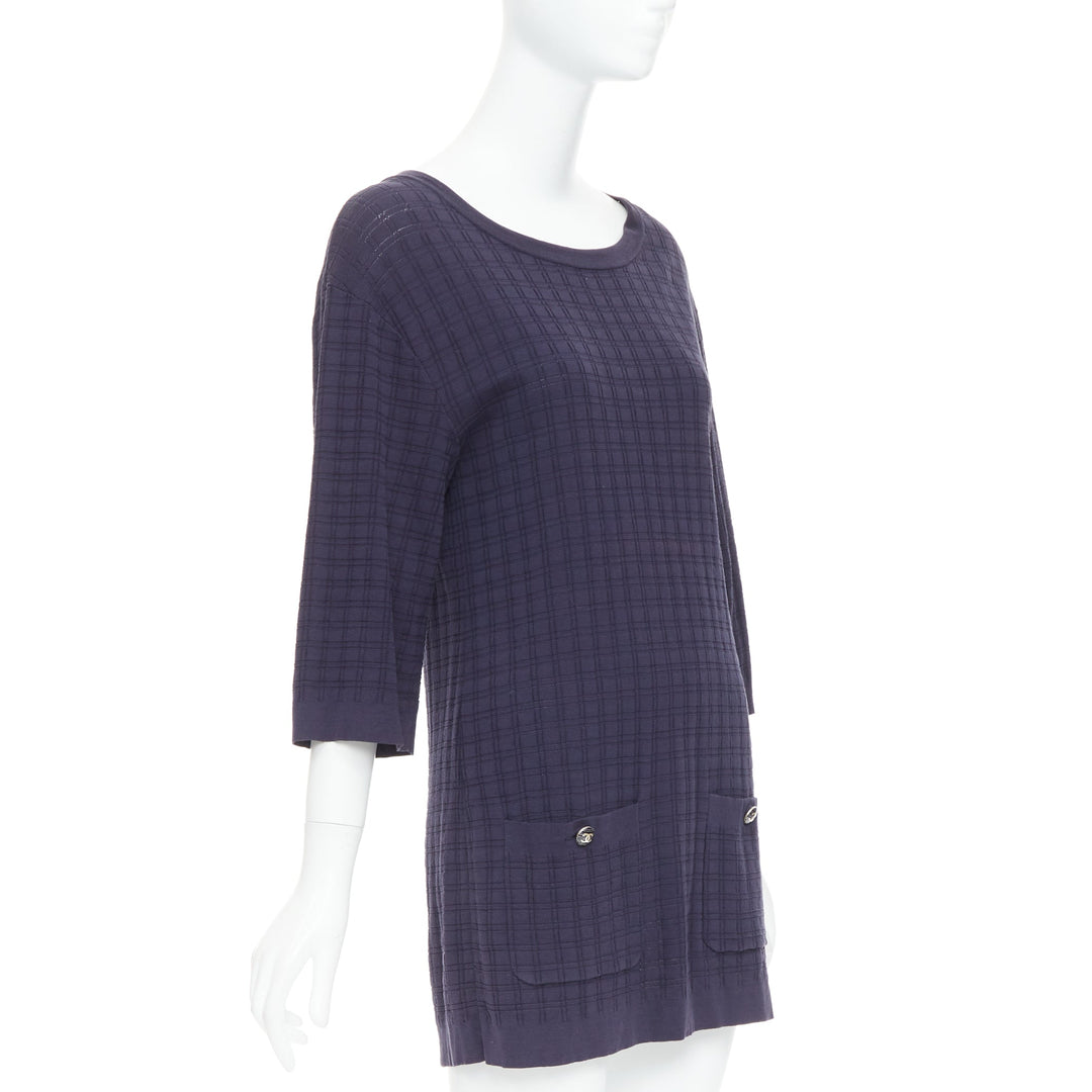 CHANEL navy cotton grid knit gold CC button 2 pocket mini dress FR36 S