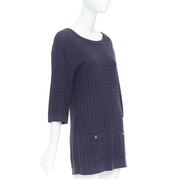 CHANEL navy cotton grid knit gold CC button 2 pocket mini dress FR36 S
