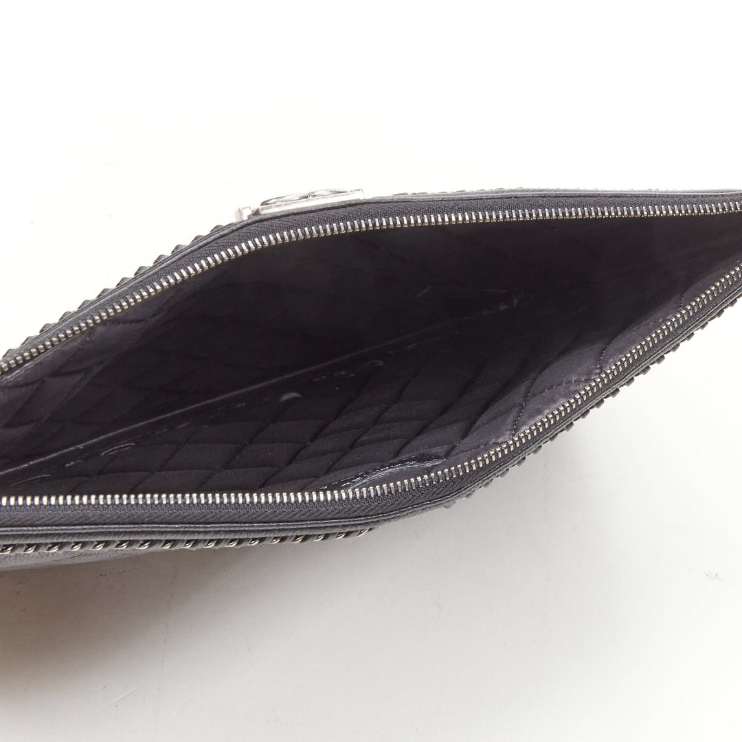 CHANEL Large Boy O Case black quilted leather chain trim flat pouch clutch bag