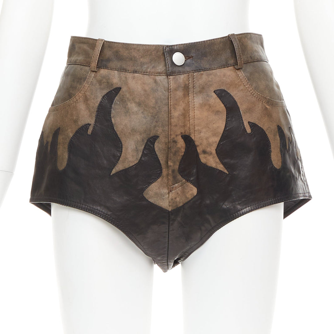 ALESSANDRA RICH brown black sheepskin leather patchwork flame shorts IT40 S