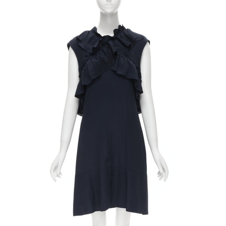 MARNI navy blue silk crepe cross ruffle trim knee lenth dress IT40 S