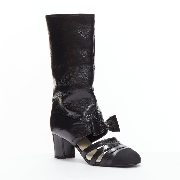 CHANEL 2023 Runway silver CC bow black leather cut out boots EU38.5