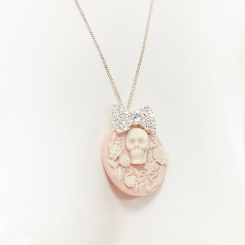 LE BIJOUX DE SOPHIE pink Barocco skull crystal bow pendant silver necklace