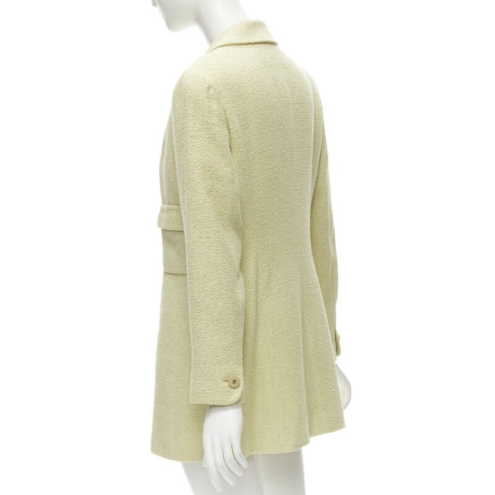 CHANEL 98C Vintage pastel yellow tweed CC button long jacket FR42 L