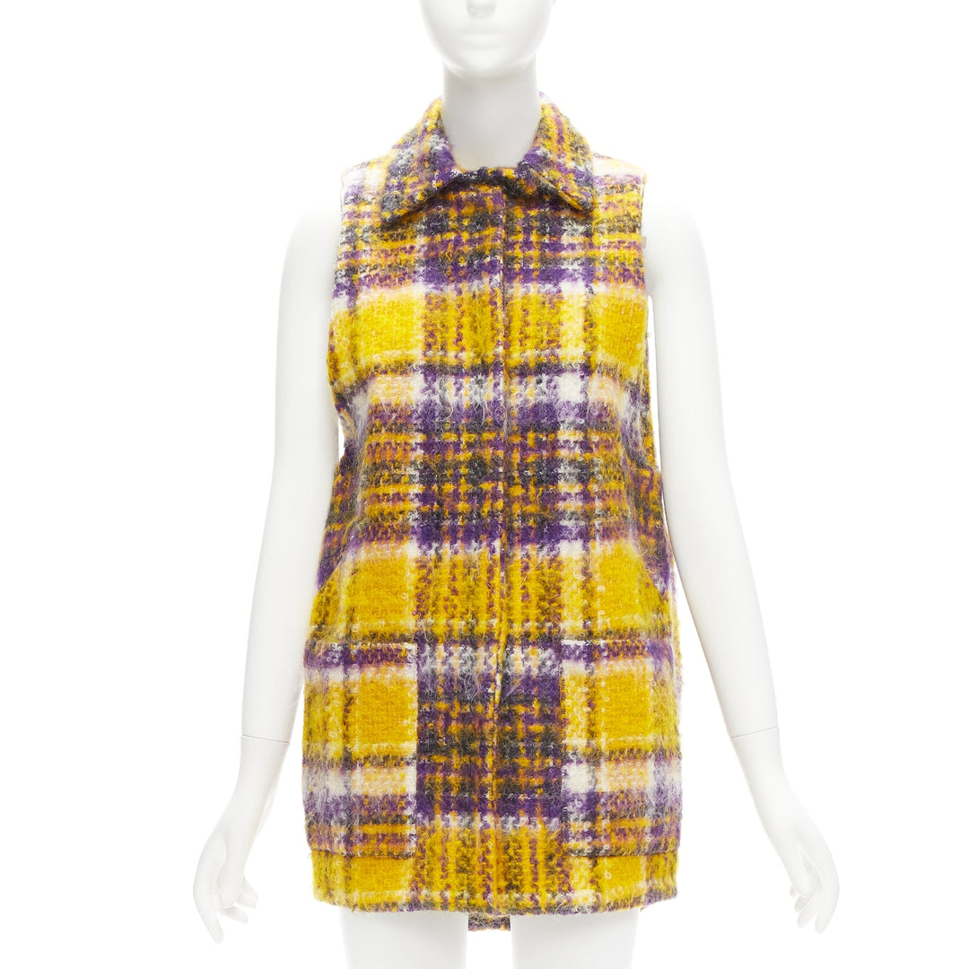 MARNI yellow purple plaid check mohair blend boxy sleeveless coat IT36 XS